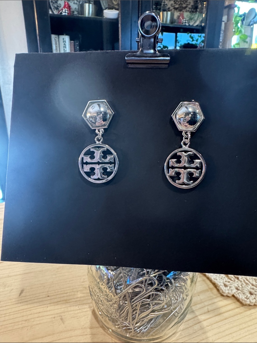 Tory Burch Silver Logo Drop Earrings